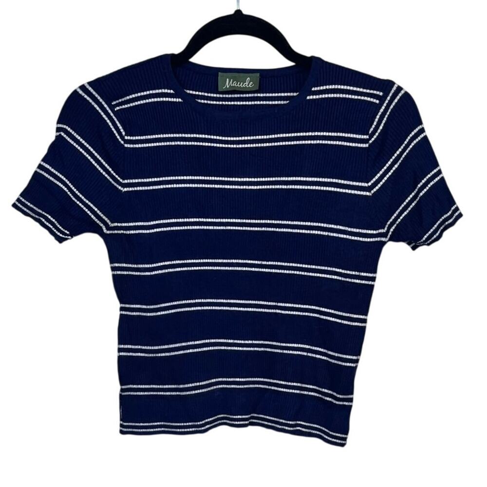 Maude Blue White Stripe Ribbed Knit Crop Tee — Women’s Medium Stretch
